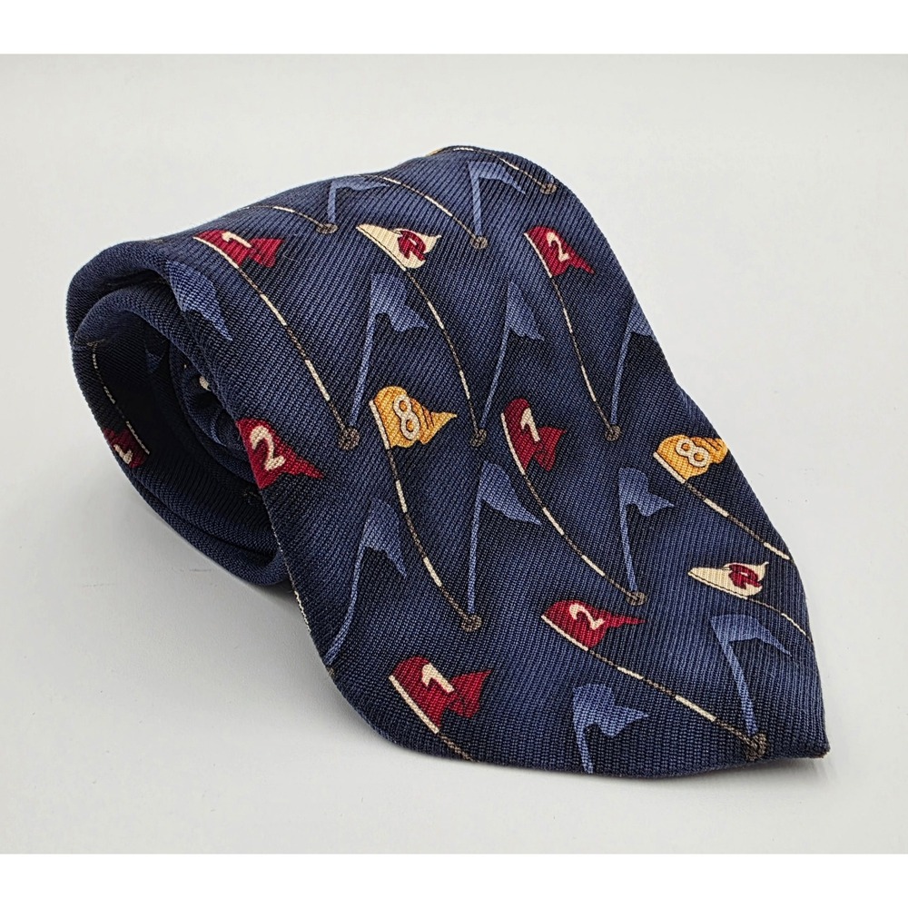 Cutter & Buck Mens Golf Flag Silk Tie Navy Blue Red Gold Made in USA Novelty